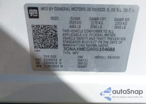 2024 Chevrolet Equinox Fwd Rs из США, поврежденный, VIN 3GNAXMEG9RS104688